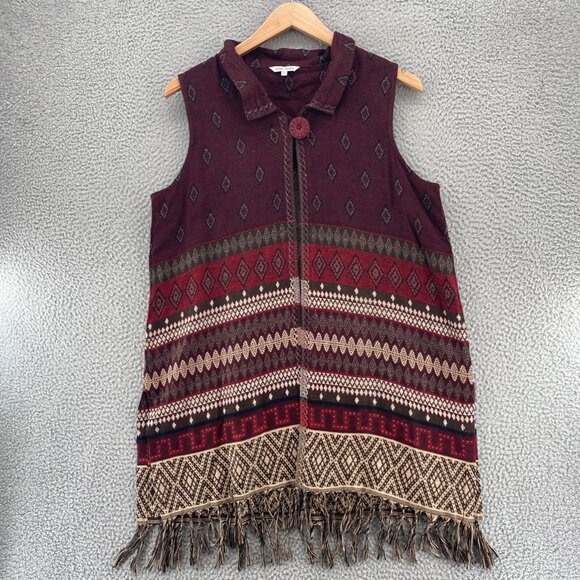 John Mark Sweater Womens Large Burgundy Pattern Vest Wired Collar Button Fringe - Picture 11 of 11